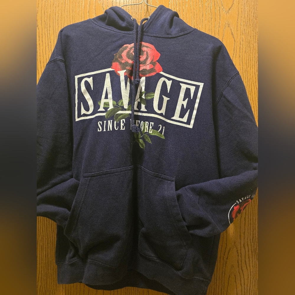 Savage Since Before 21 Navy Hoodie with Rose Graphic Mens Large - Picture 3 of 5